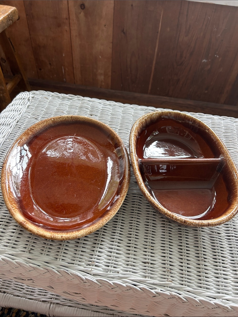 Hull Glazed Brown Ceramic Divided Serving Dish - Double Compartment and Platter